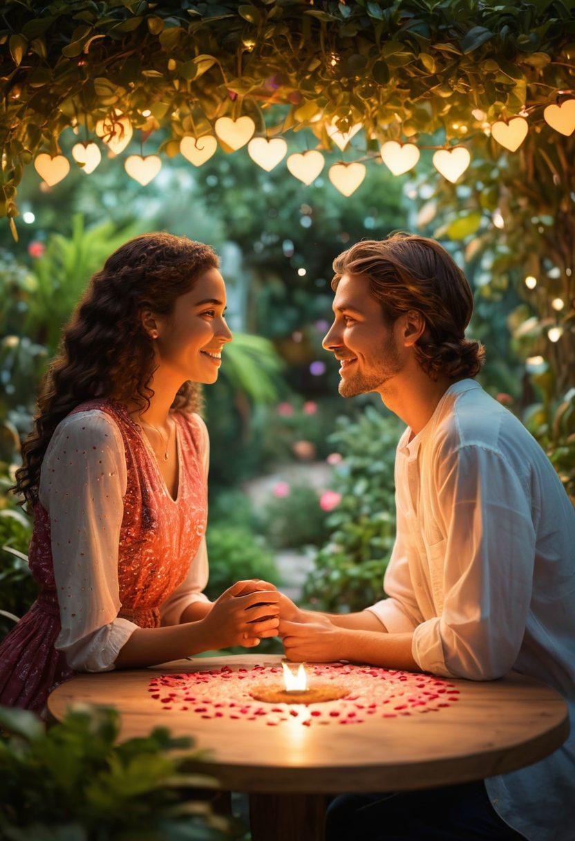 A heartwarming scene of two diverse individuals engaged in a friendly conversation, surrounded by symbols of kindness such as hearts and gentle waves. In the background, a lush garden symbolizing growth and harmony flourishes. Soft lights illuminate their faces, highlighting their expressions of understanding and joy. The overall atmosphere conveys warmth, connection, and the power of communication in relationships. super-realistic. vibrant colors. soft focus.