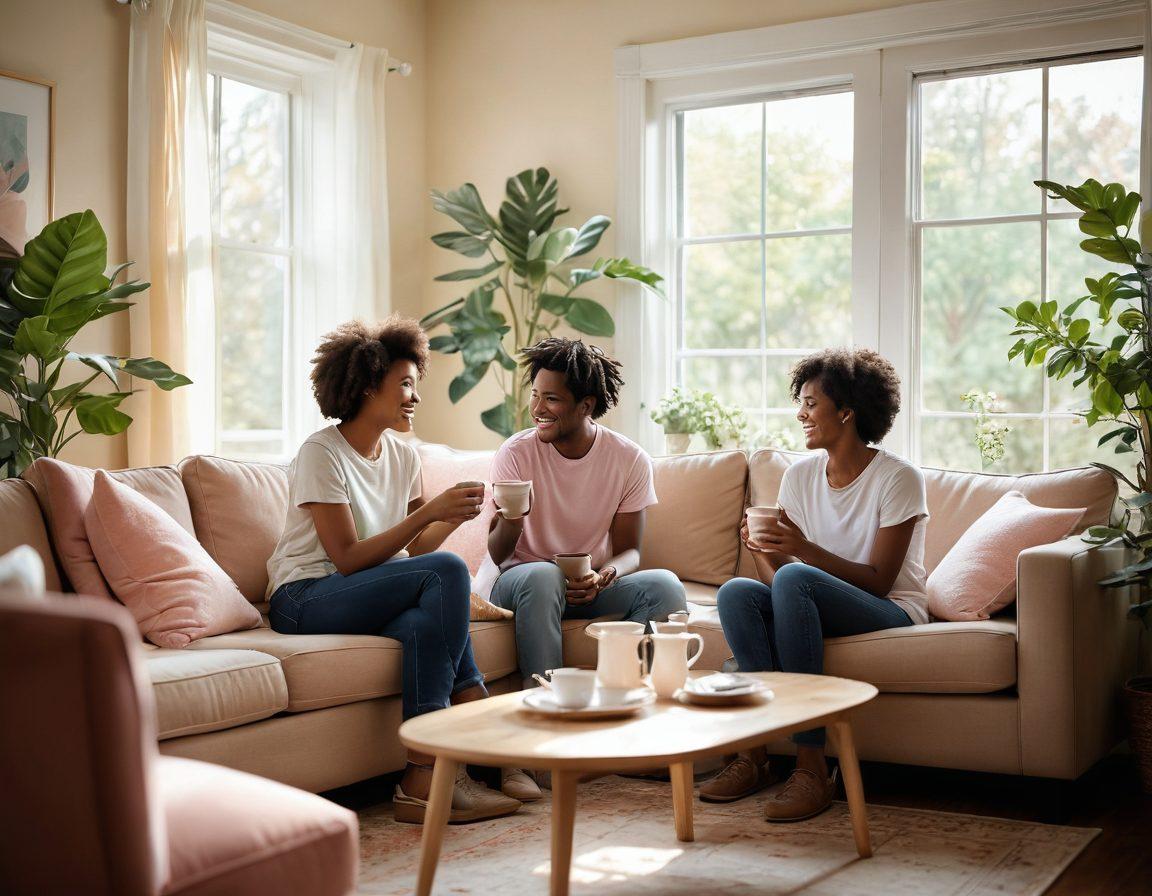 A warm, intimate scene depicting diverse couples sharing meaningful moments - a cozy living room with soft lighting, a couple laughing over coffee, another pair sharing a heartfelt conversation, and friends supporting each other with comforting gestures. Incorporate elements of nature, like plants or flowers, to symbolize growth and nurturing. Envision a backdrop with gentle, pastel colors to evoke a sense of warmth and trust. soft focus. pastel colors. super-realistic.