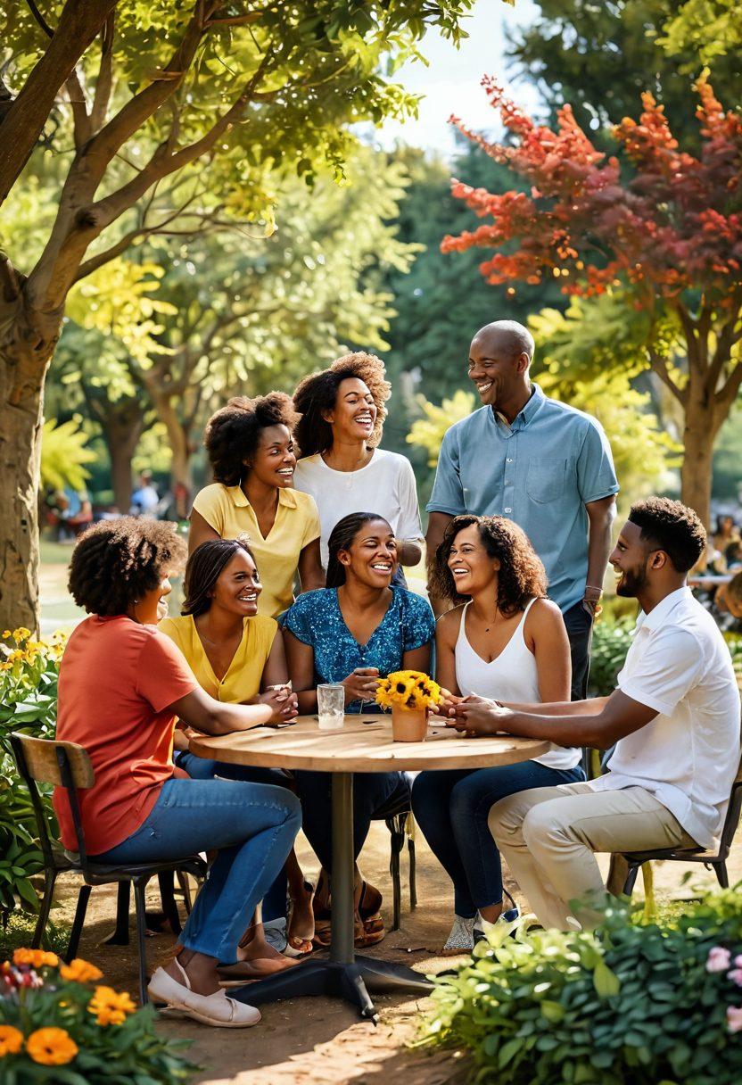 A warm and inviting scene depicting a diverse group of people engaging in a heartwarming conversation in a cozy, sunlit park. They are sharing laughter while holding hands, showcasing friendship and connection, surrounded by lush greenery and colorful flowers. In the background, silhouettes of a community gathering can be seen, symbolizing unity and support. The atmosphere should evoke feelings of love, care, and togetherness. vibrant colors. super-realistic.